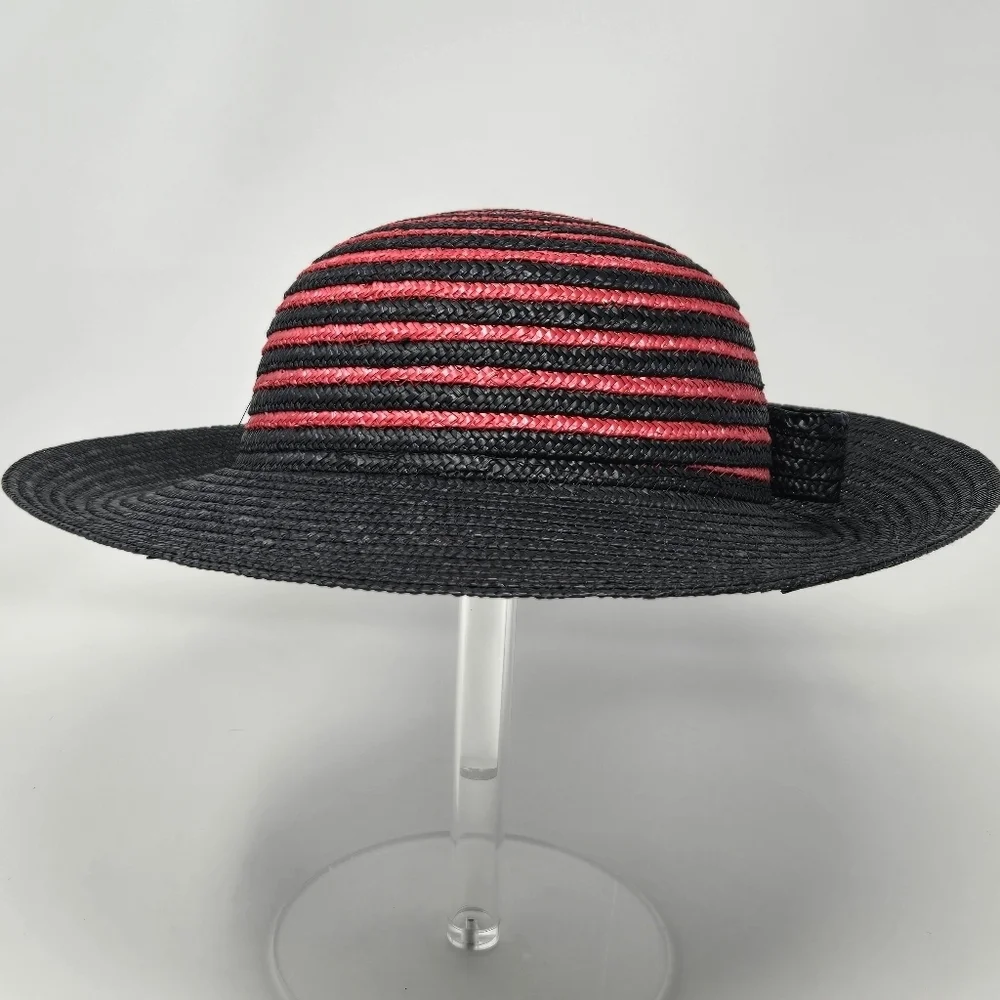 VINTAGE 100% NATURAL STRAW WOVEN HAT BLACK & RED SWIRL ITALY WOMEN OS WHIMSIGOTH - Picture 2 of 13